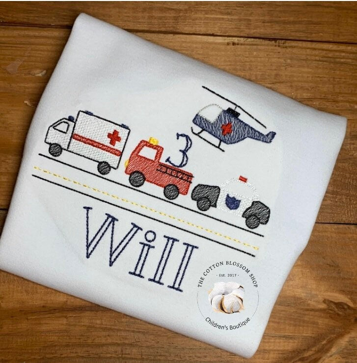 boys emergency vehicles 3rd birthday shirt, personalized emergency vehicles shirt, embroidered shirt, ambulance, firetruck, police car