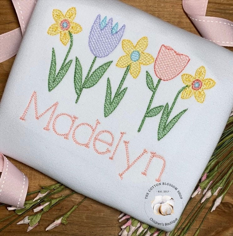 Girls spring summer flowers embroidered personalized shirt, spring flowers shirt