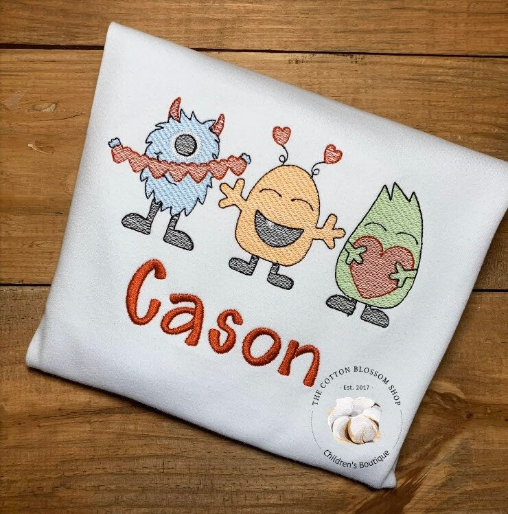 Boys MONSTERS embroidered valentines shirt, boys valentines monsters shirt. boys valentine shirt, boys appliqué shirt, boys Valentine's Day