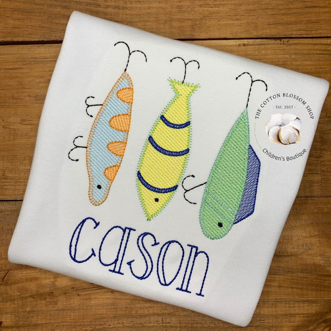 Boys fishing lures shirt, boys fishing shirt, fishing sketch shirt, boys fishing appliqué shirt