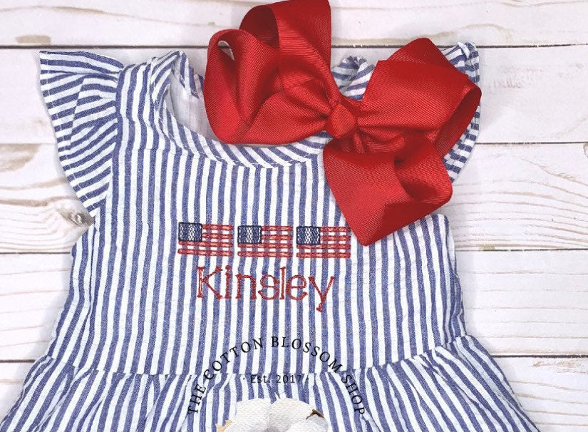 Girls Fourth of July dress, girls patriotic dress, girls seersucker dress, girls matching dress, girls monogrammed dress