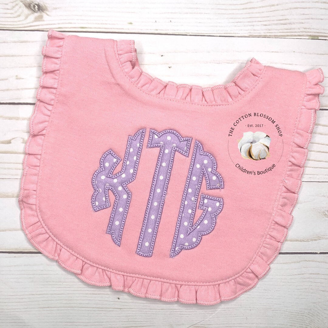 monogrammed ruffle bib, newborn coming home bib, newborn bib, boutique baby monogrammed ruffle baby bib