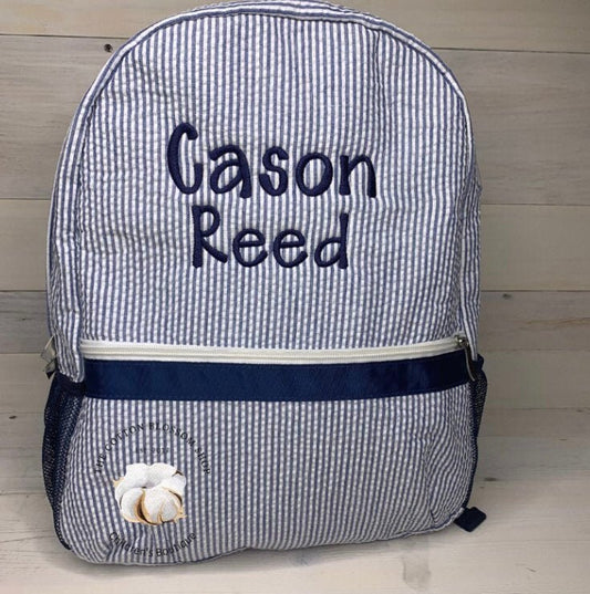 Boys preschool backpack, navy blue seersucker backpack, monogrammed backpack, monogrammed diaper bag, preschool backpack