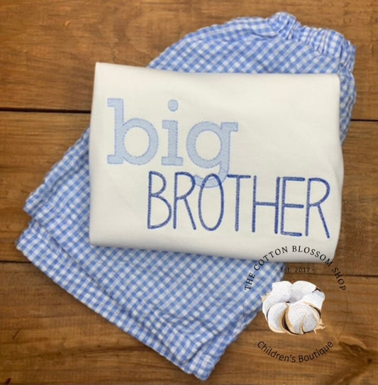 Boys big brother shirt, gingham shorts outfit, big brother outfit, light blue gingham shorts