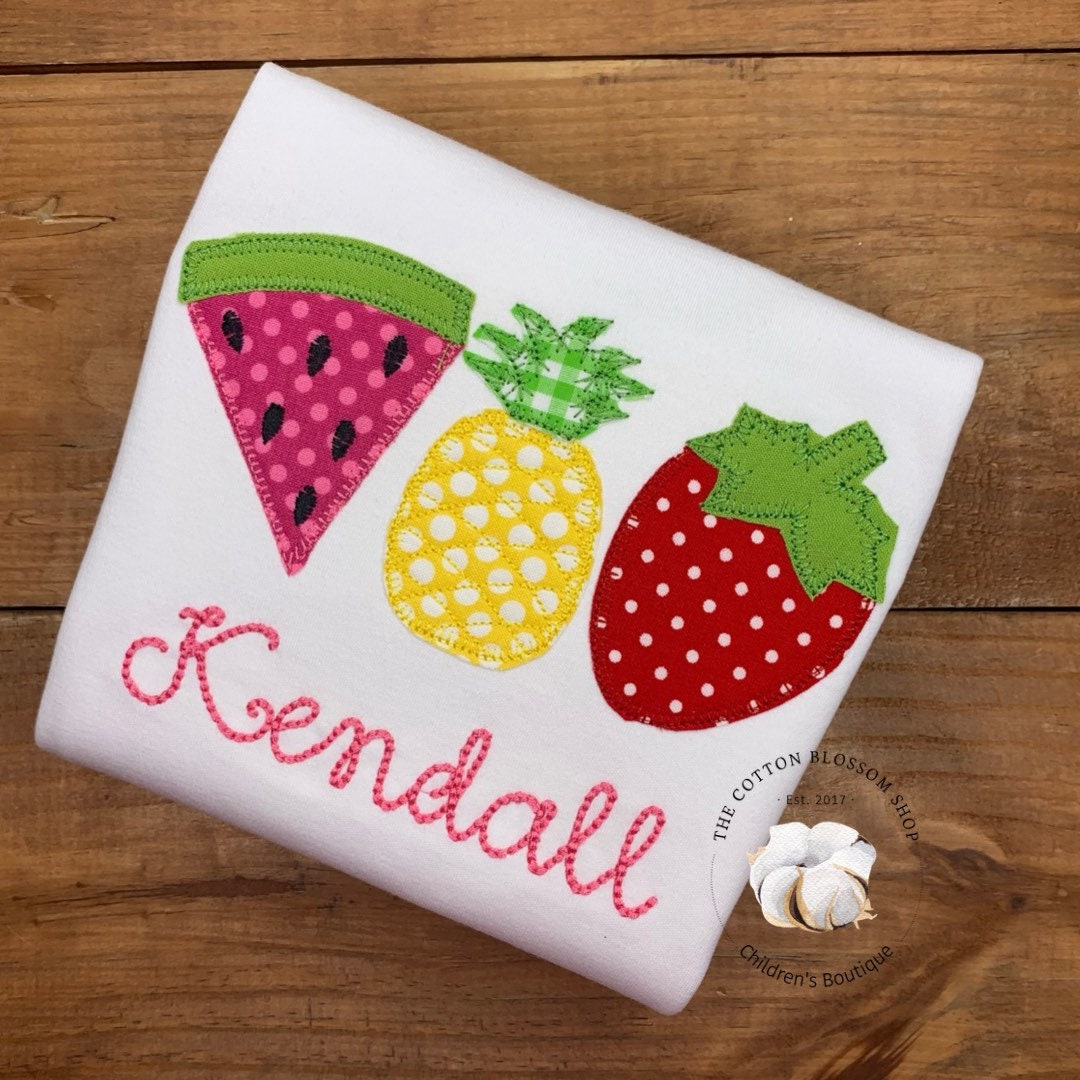 Girls summer fruits appliqué personalized shirt, strawberry, pineapple, watermelon applique shirt