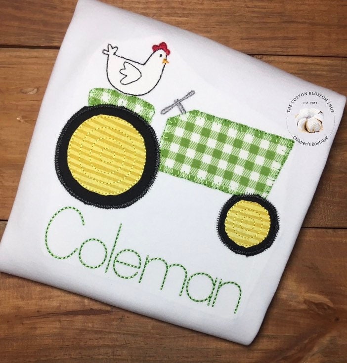 Boys tractor appliqué shirt, chicken driving a tractor personallized shirt