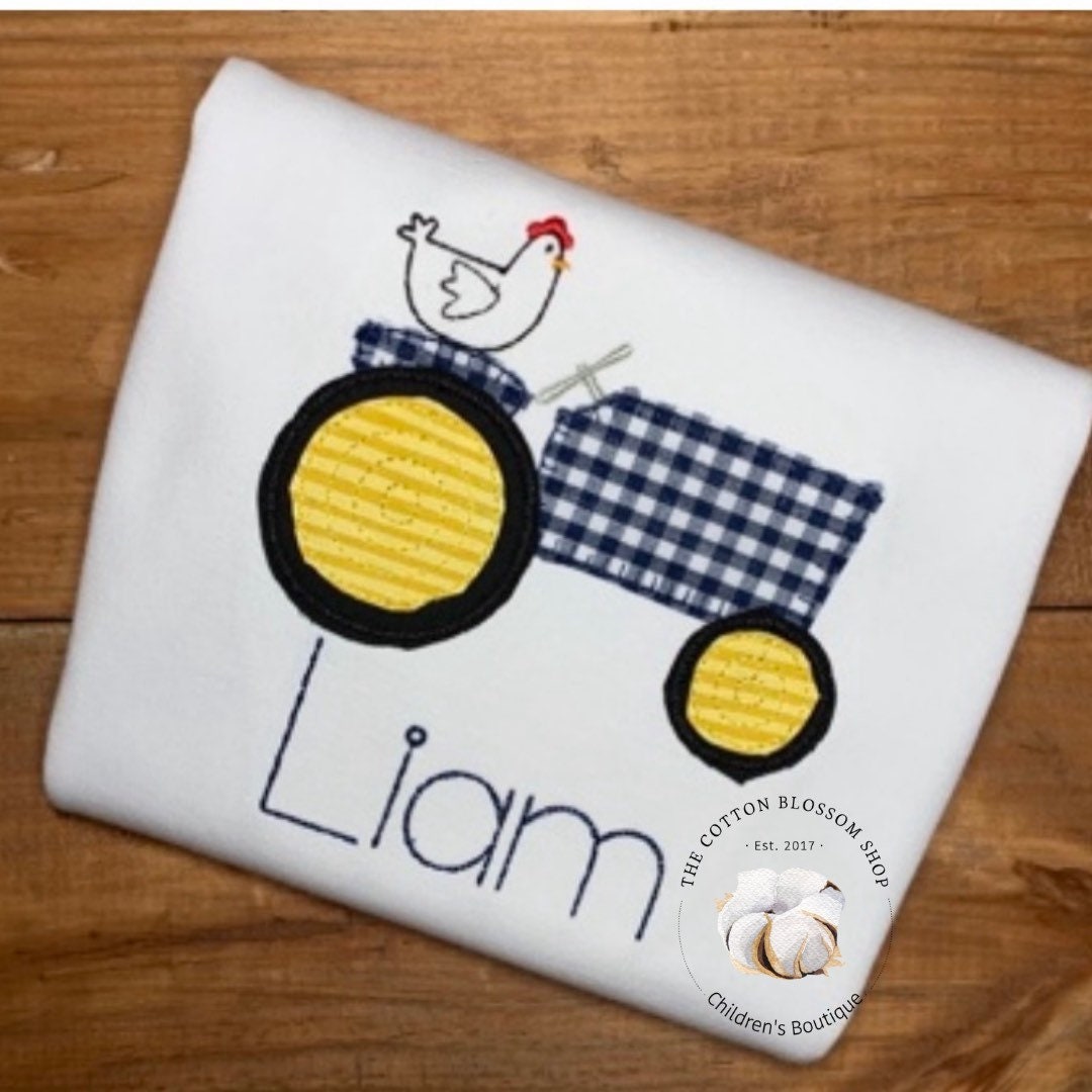 Boys tractor appliqué shirt, chicken driving a tractor personallized shirt, navy gingham