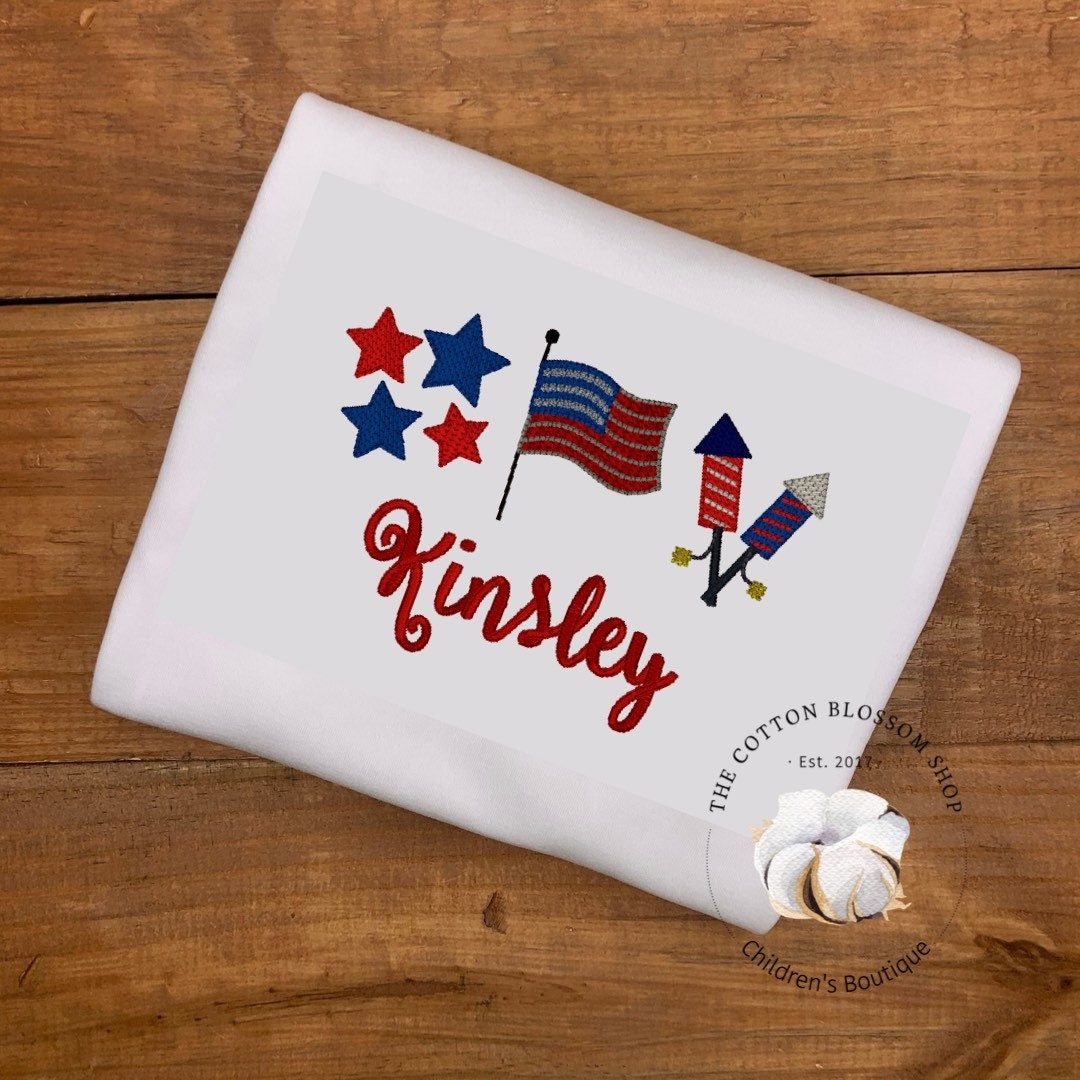 Girls patriotic shirt, fourth of July shirt, monogrammed shirt, embroidered personalized shirt, fireworks, American flag