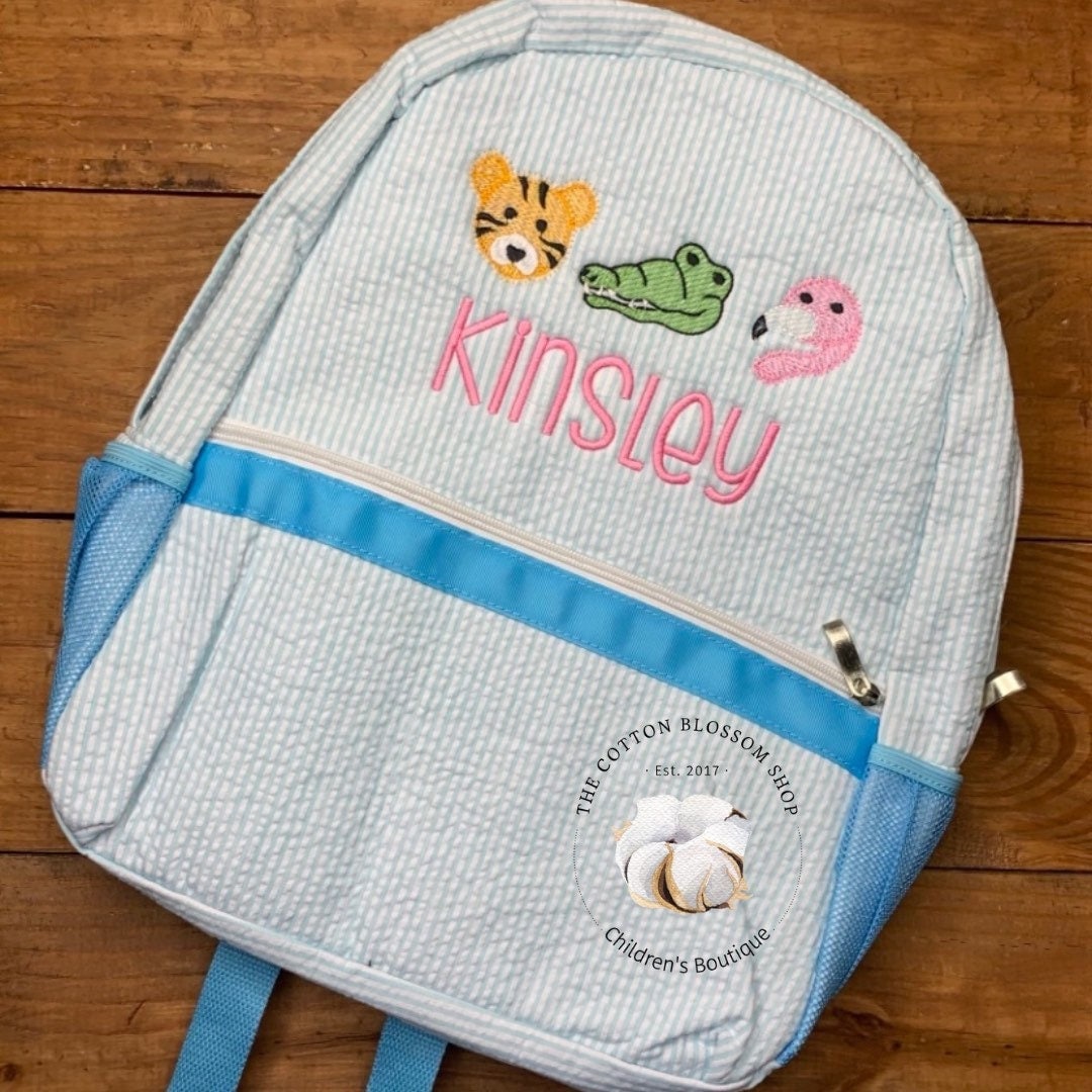 Girls seersucker backpack, aqua pink seersucker backpack, monogrammed backpack, monogrammed diaper bag, preschool backpack, zoo animals