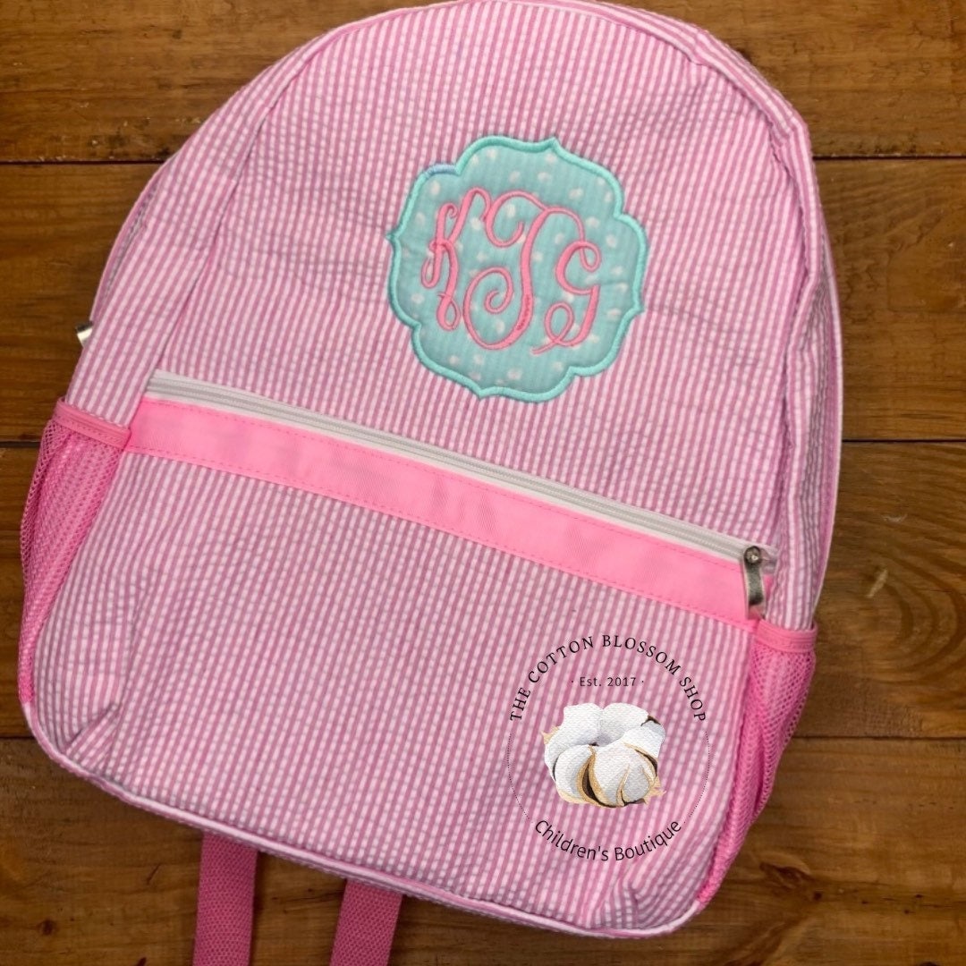 Girls preschool backpack, pink seersucker backpack, monogrammed backpack, monogrammed diaper bag, preschool backpack