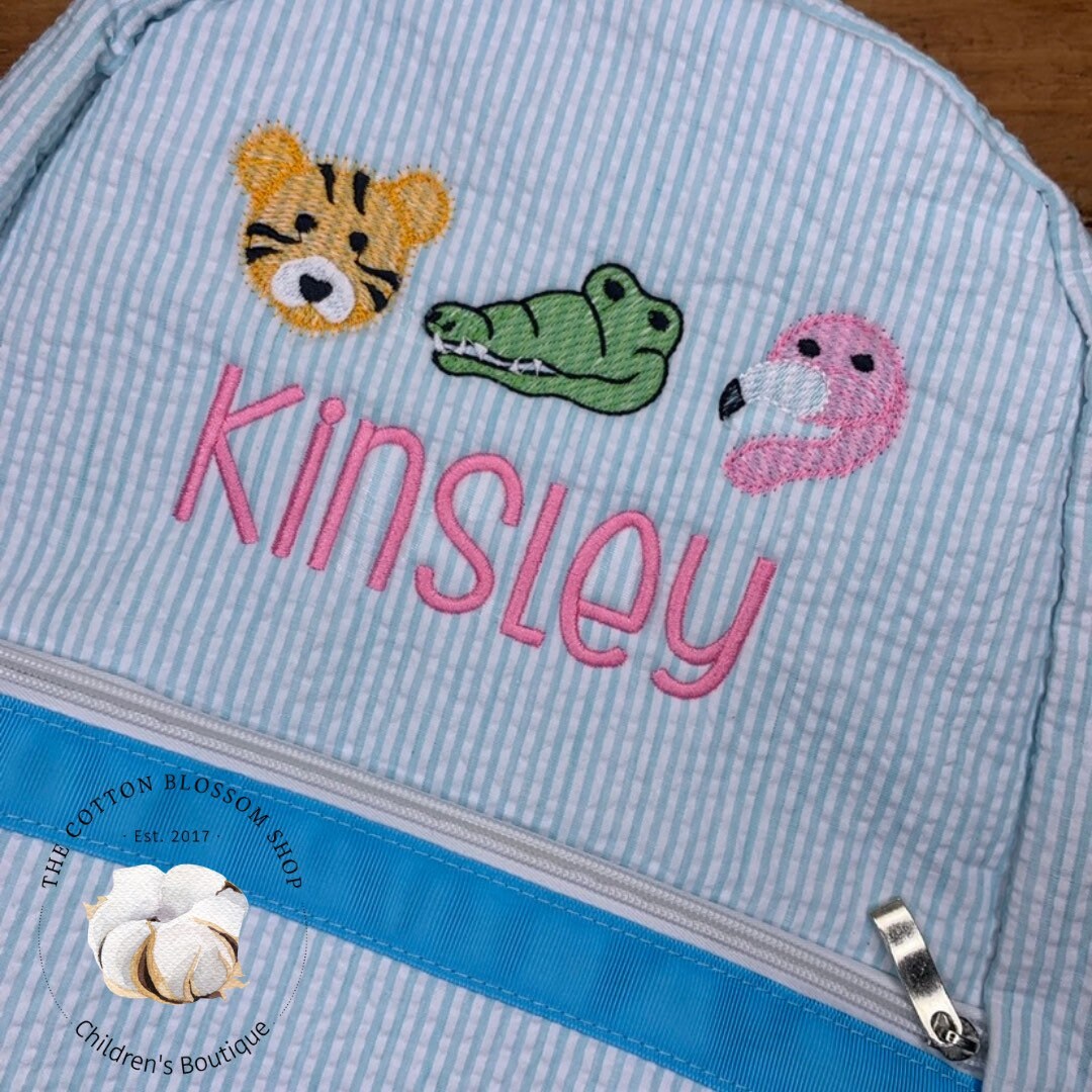 Girls seersucker backpack, aqua pink seersucker backpack, monogrammed backpack, monogrammed diaper bag, preschool backpack, zoo animals