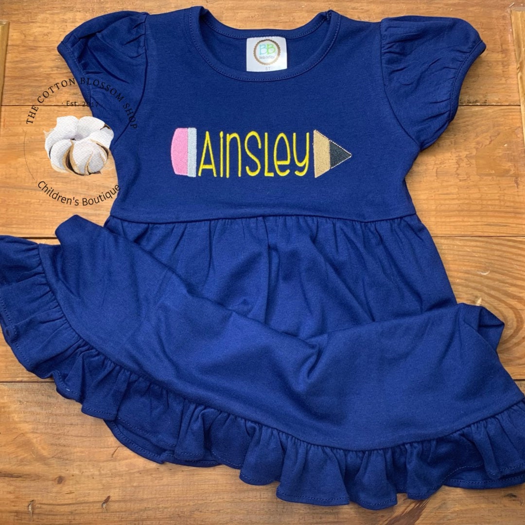 Girls back to school monogrammed dress, kindergarten dress, first day of school dress, back to school dress, girls dress, pencil name dress