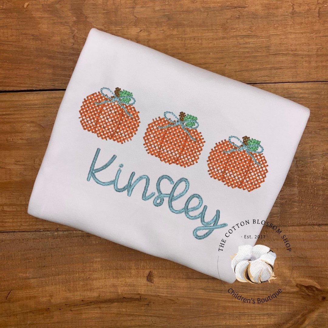 Girls Cross-stitch Pumpkin Shirt, embroidered pumpkin shirt, pumpkin patch shirt