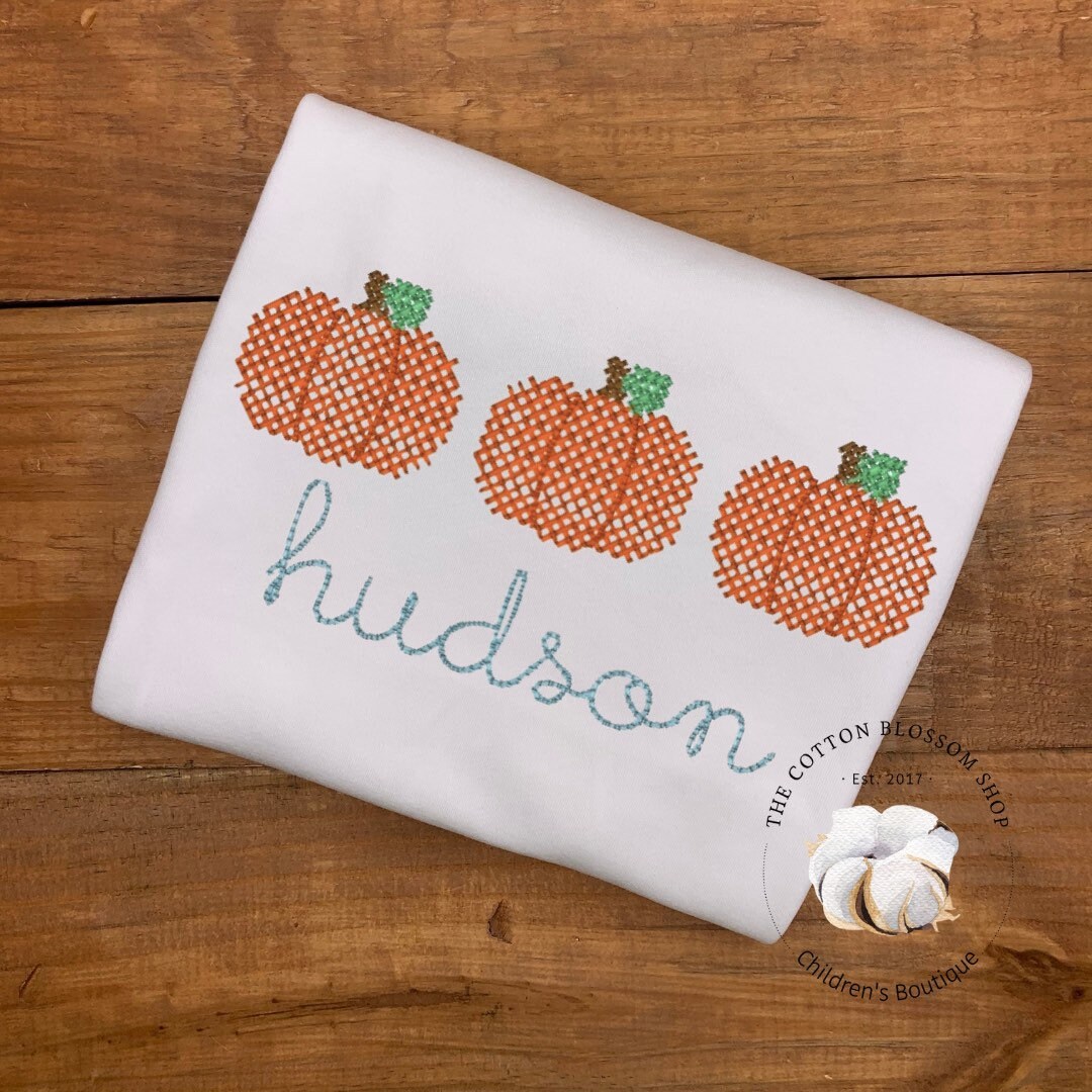 Boys cross stitch pumpkin shirt, toddler personalzed pumpkin shirt, boys halloween shirt, boys fall shirt, boys monogrammed pumpkin smock