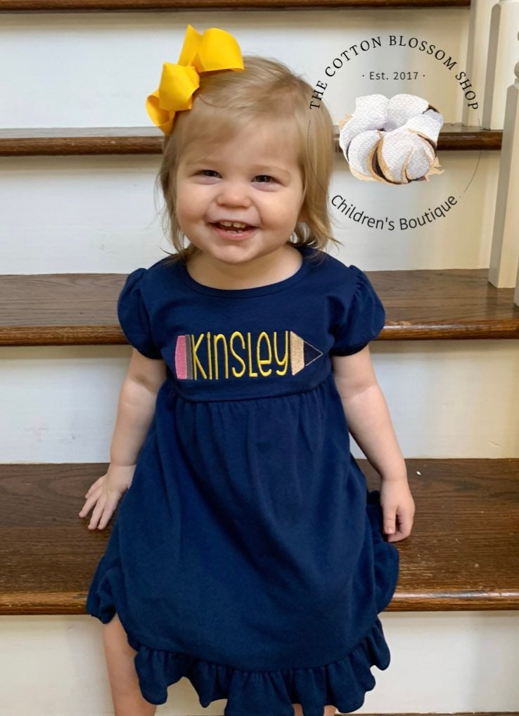 Girls back to school monogrammed dress, kindergarten dress, first day of school dress, back to school dress, girls dress, pencil name dress