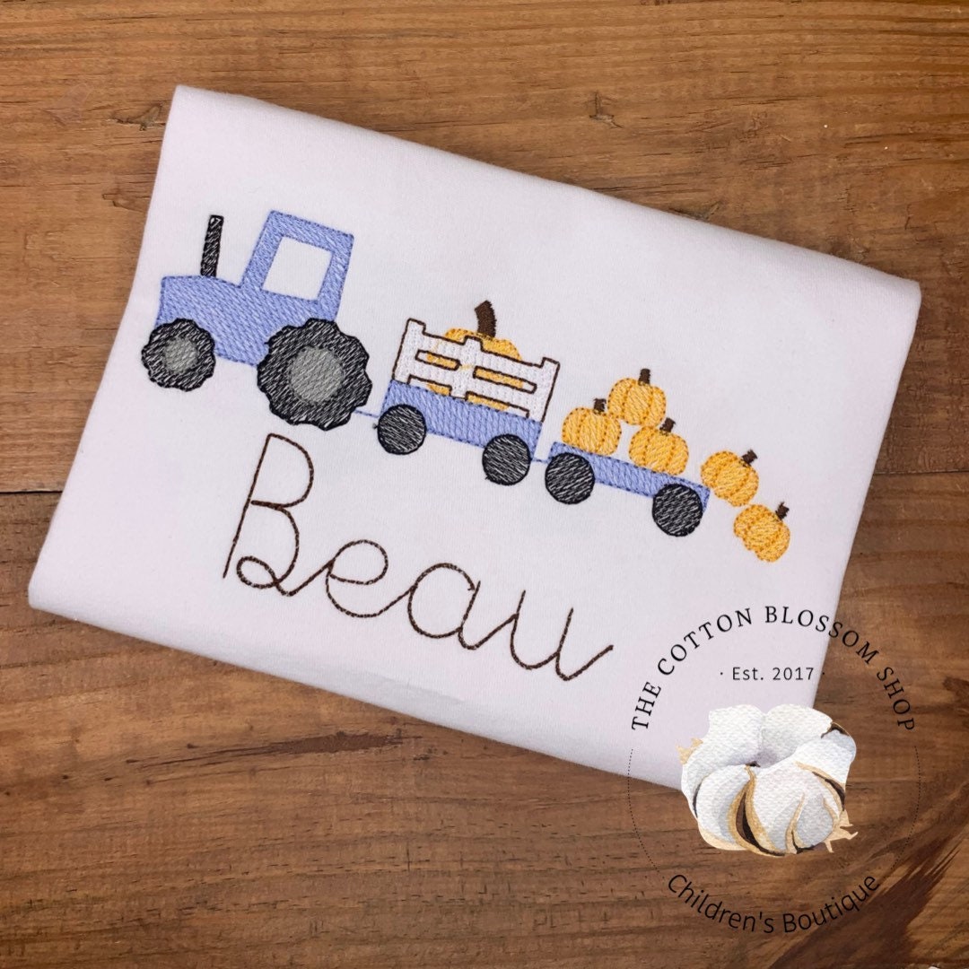 Boys Tractor with Pumpkins Shirt, boys blue tractor shirt, boys pumpkin patch outfit
