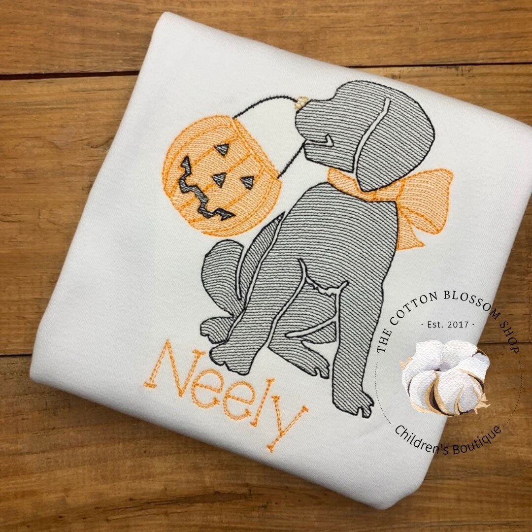 Girls Trick or Treat Puppy Halloween Sketch Shirt, black dog shirt