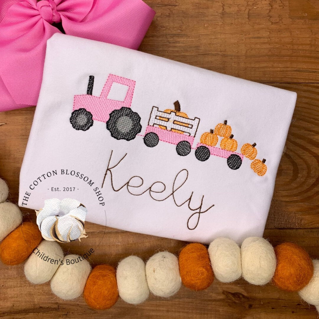 matching pumpkin patch shirts, sibling shirt set, monogrammed tractor applique shirts, matching pumpkin shirts, pink and blue