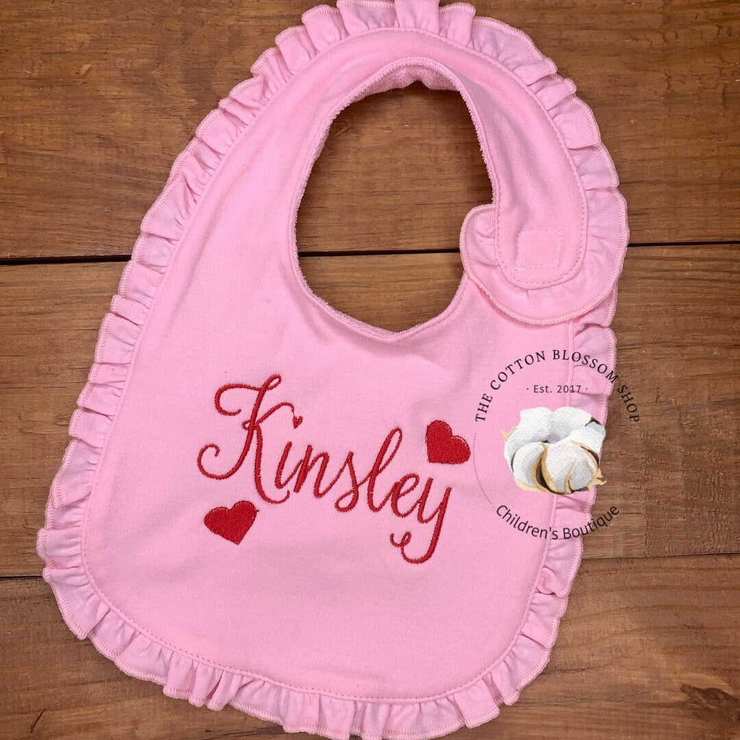 Girls Valentine’s Day bib, newborn coming home bib, newborn bib, boutique baby monogrammed Valentine’s Day bib, pink bib, ruffle bib