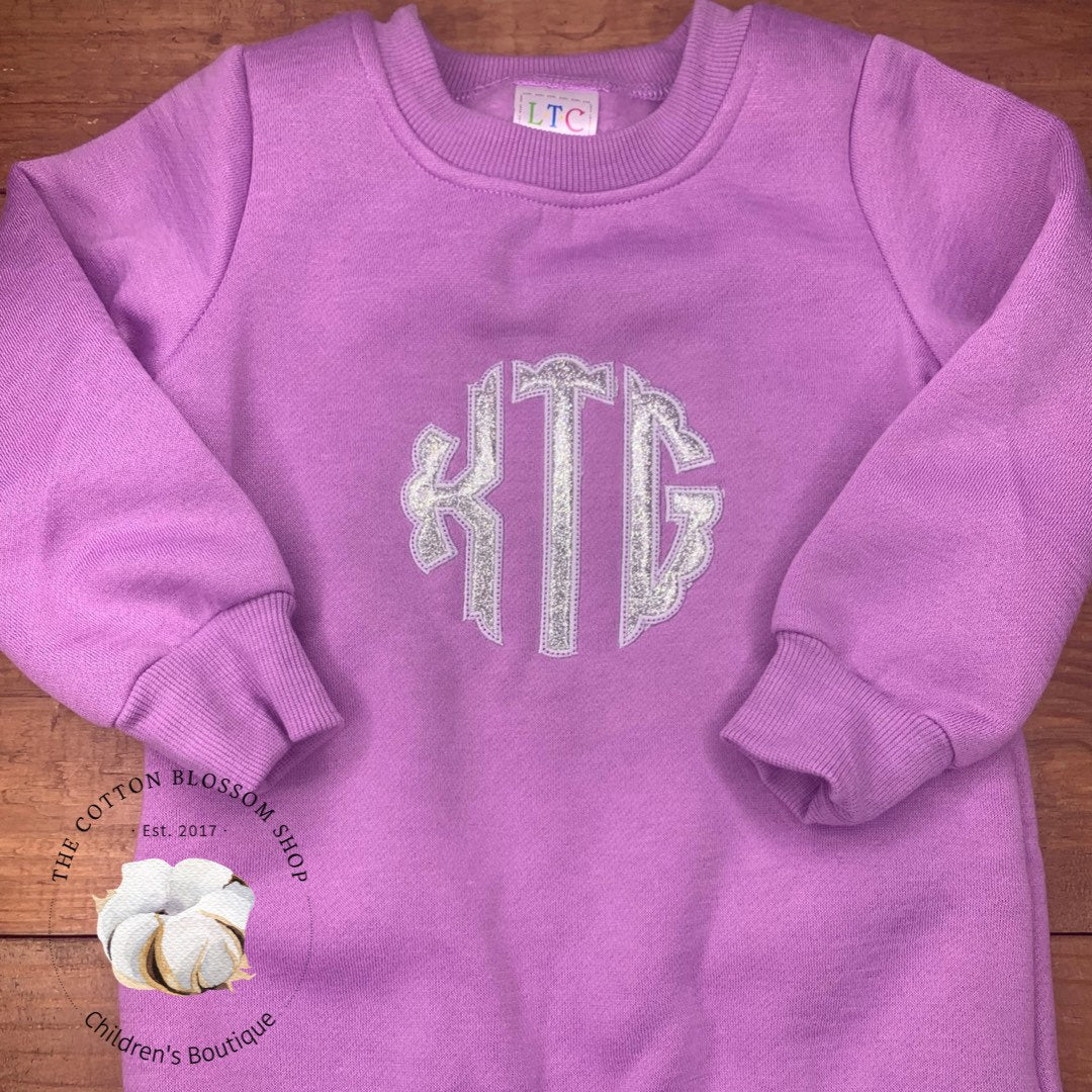 Purple Monogrammed sweatshirt, pink seeersucker monogram, baby girls sweatshirt, toddler sweatshirt, glitter monogram