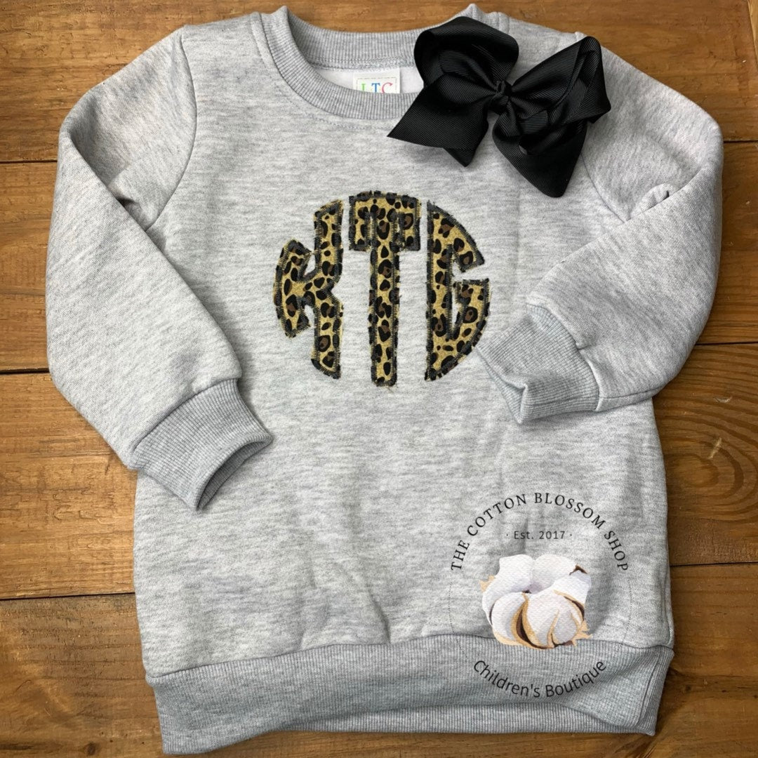 Girls Monogrammed sweatshirt, leopard print monogram, baby girls sweatshirt, toddler sweatshirt, grey sweatshirt