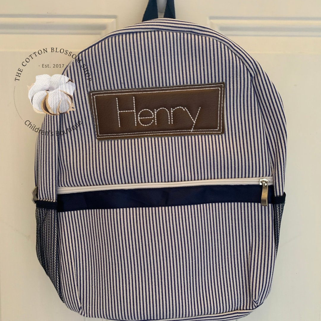 Boys preschool backpack, navy blue seersucker backpack, monogrammed backpack, monogrammed diaper bag,preschool backpack, faux leather patch