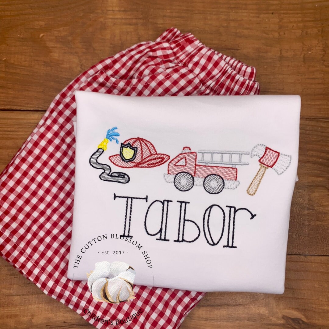 Boys firetruck monogrammed shirt, red gingham shorts, firetruck outfit