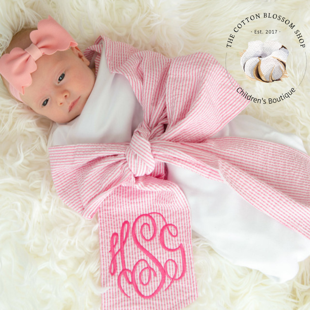 Newborn Swaddle Blanket Sash - pink Seersucker