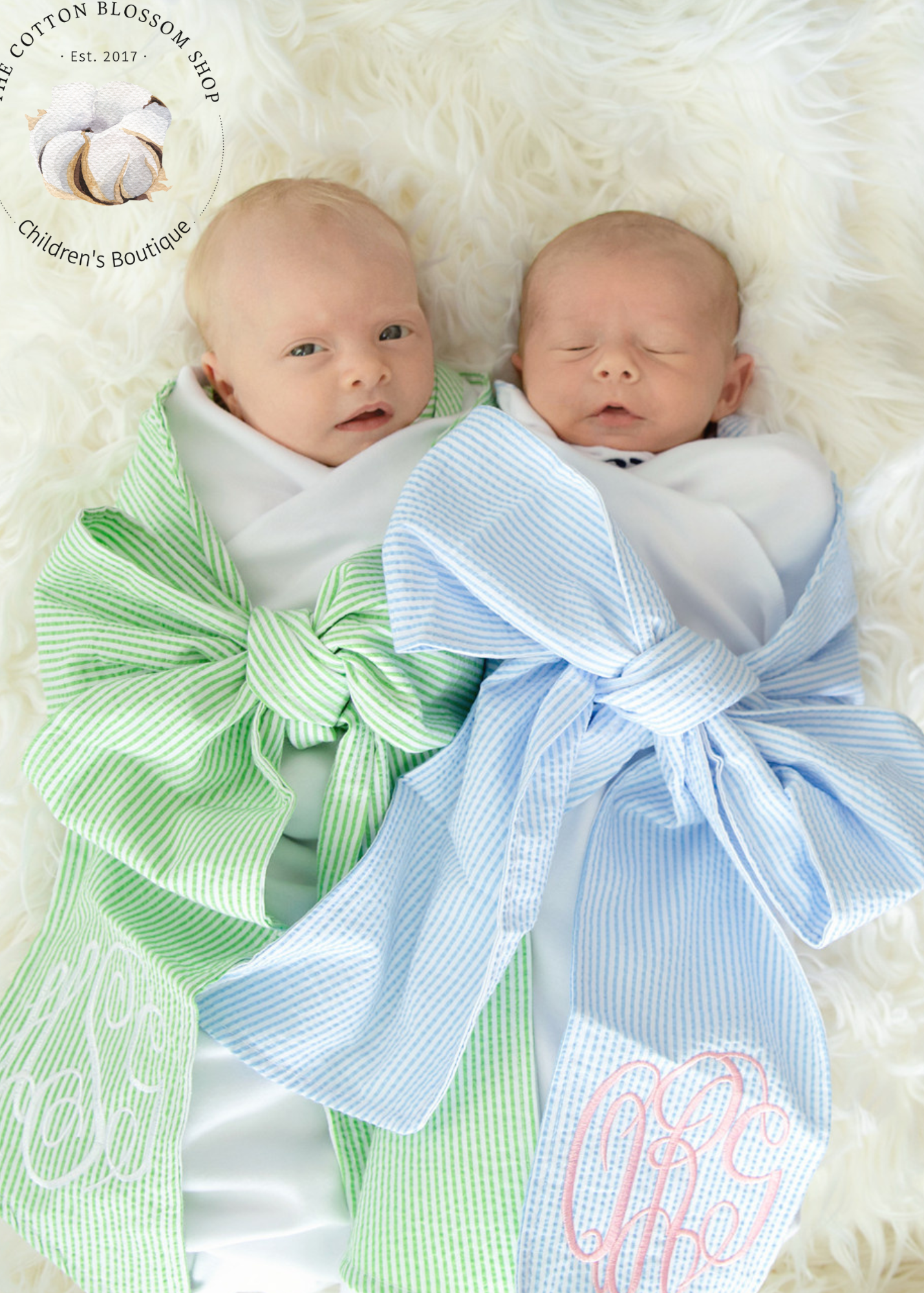 Newborn Swaddle Blanket Sash - Blue or Green Seersucker