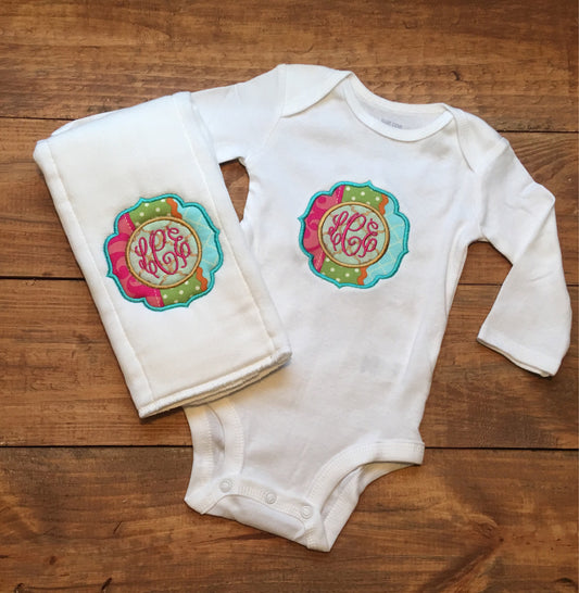Monogrammed appliqued Baby girls one piece bodysuit and burp cloth matching set, baby shower gift, monogrammed bodysuit monogrammed burp