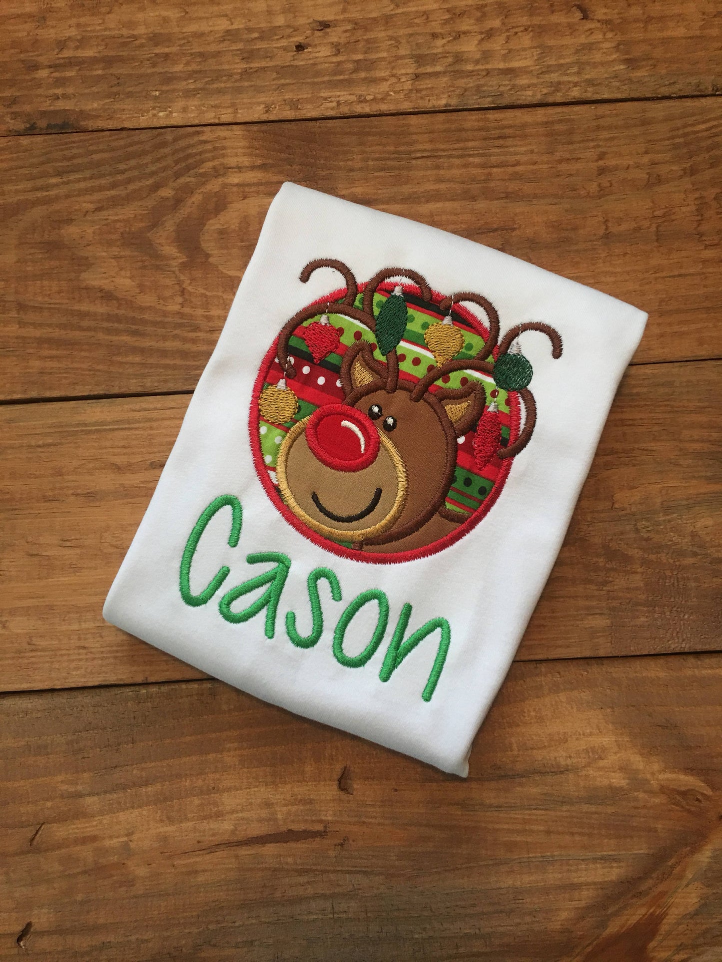 Boys reindeer with ornaments in antlers Christmas shirt, personalized christmas shirt, boys reindeer christmas shirt, boy reindeer shirt