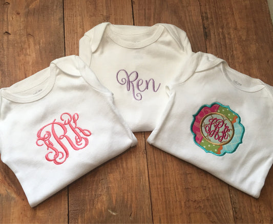 Set of 3 Monogrammed Baby girl one piece bodysuits, baby shower gift, monogrammed baby shower gift, monogrammed baby bodysuit, embrodiered