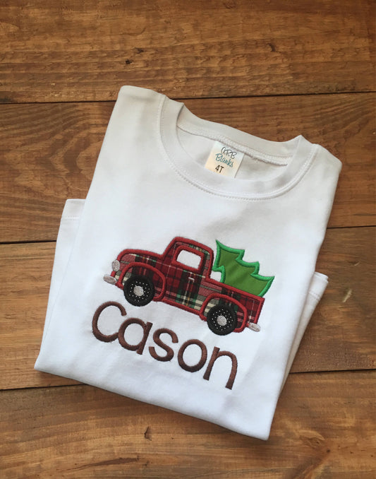 Boys christmas tree truck shirt, christmas truck shirt, boys truck shirt, boys christmas tree shirt, boys plaid truck shirt