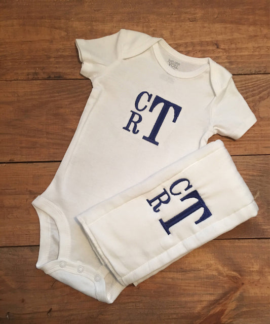 Baby boys stacked monogrammed bodysuit and burp set- boys monogrammed baby shower gift - boys monogrammed bodysuit - monogrammed burp cloth