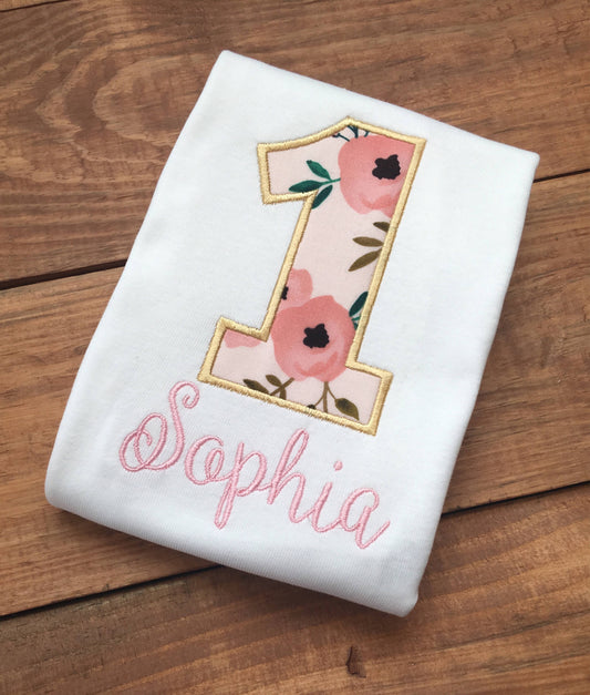 pink and gold floral birthday shirt, pink flower birthday shirt, shabby chic floral birthday shirt, pink, gold, floral, flowers, roses