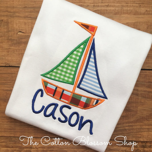 Boys monogrammed sailboat shirt, boys boat shirt, boys summer shirt, boys beach shirt, boys vacation shirt, plaid sailboat shirt