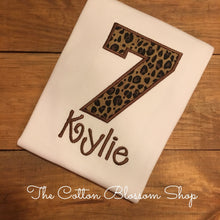 Load image into Gallery viewer, girls cheetah print birthday shirt, girls lepord print birthday shirt, any number