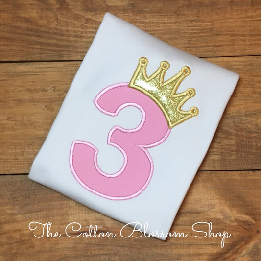 Princess birthday shirt, princess applique ceown birthday shirt, pink and gold crown birthday shirt