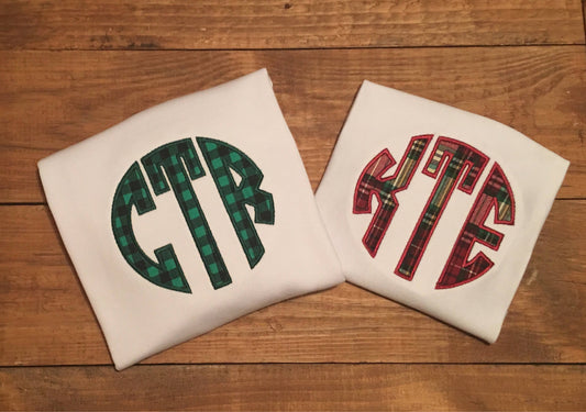 Brither and sister matching plaid monogrammed Christmas shirts, sibling christmas shirts, matching family christmas shirts, circle monogram