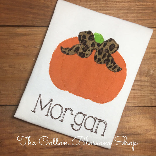 Girls monogrammed Pumpkin shirt, lepord bow pumpkin, applique pumpkin monogram shirt, girls halloween shirt, toddler halloween shirt