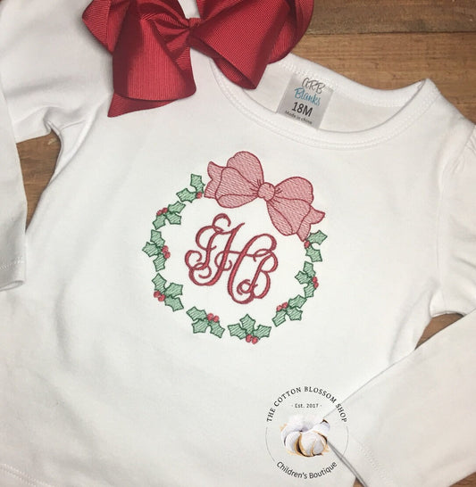 Girls Monogrammed Christmas Wreath Sketch Shirt