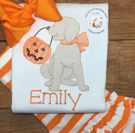 Girls Trick or Treat Puppy Halloween Sketch Shirt