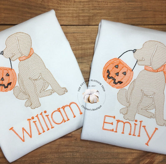 matching halloween shirts, sibling shirt set, monogrammed trick or treat puppy Shirt, matching pumpkin shirts