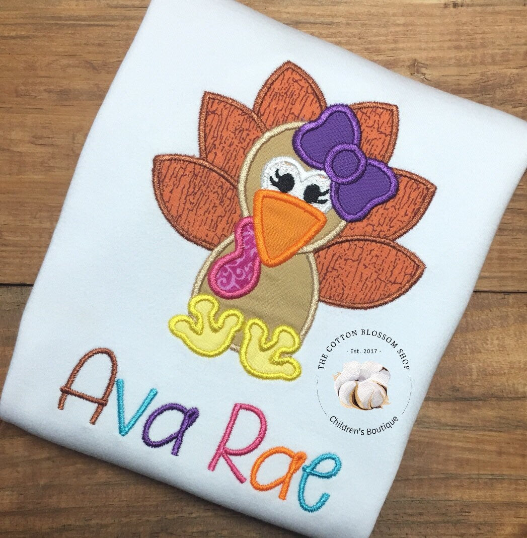 Girls Thanksgiving appliqué shirt, monogrammed turkey shirt, girls applique turkey shirt