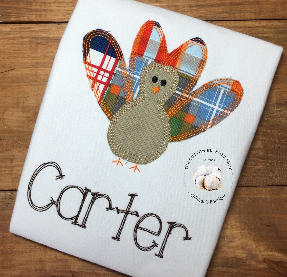 Boys applique Thanksgiving Turkey Shirt, toddler thanksgiving shirt, applique turkey shirt, monogrammed shirt, embroidered