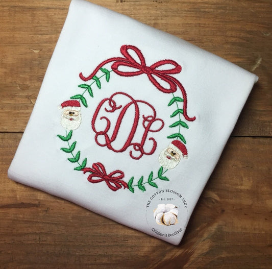 Girls monogrammed Christmas Wreath Shirt, embroidered cheistmas shirt, santa shirt