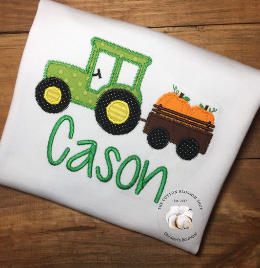 Boys Tractor with Pumpkins Shirt, applique tractor shirt, pumpkin patch shirt, embroidered