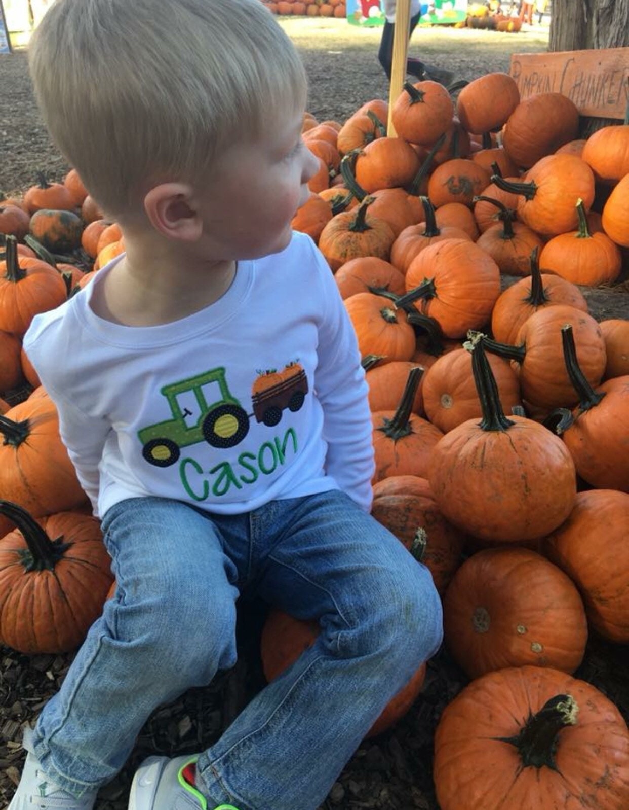 Boys Tractor with Pumpkins Shirt, applique tractor shirt, pumpkin patch shirt, embroidered