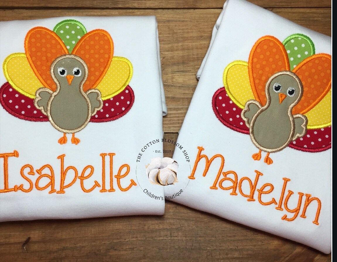 Girl's monogrammed Thanksgiving shirt, girls thanksgiving turkey shirt, monogrammed turkey shirt, thanksgiving outfit, applique turkey