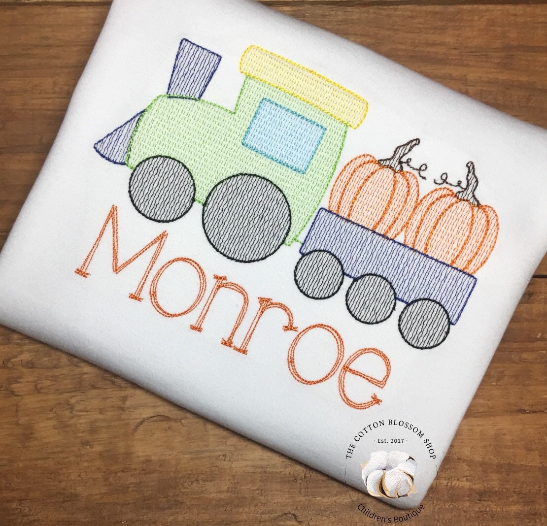 Boys monogrammed Pumpkin Train shirt, sketch design shirt